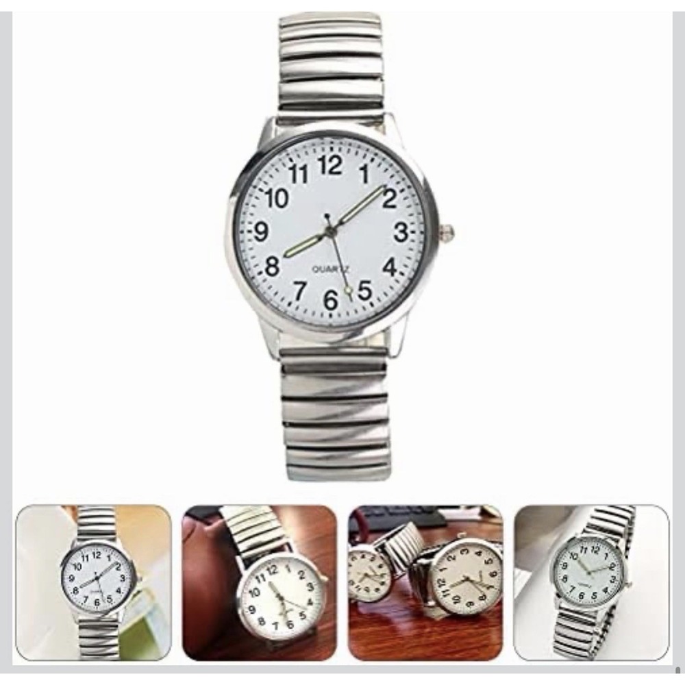 Men's Casual Easy To Read Elastic Band Wrist Watch Silver - New